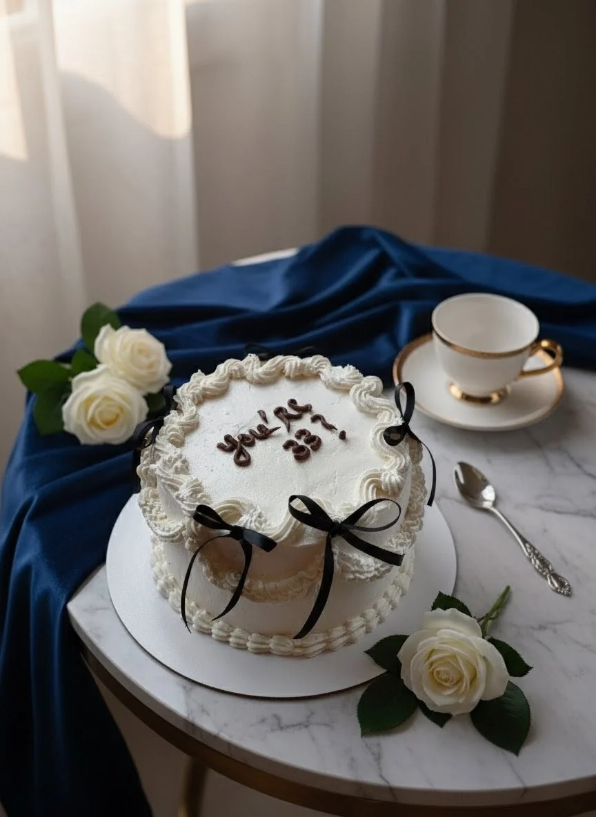 Gâteau vintage élégant ruban noir et roses blanches