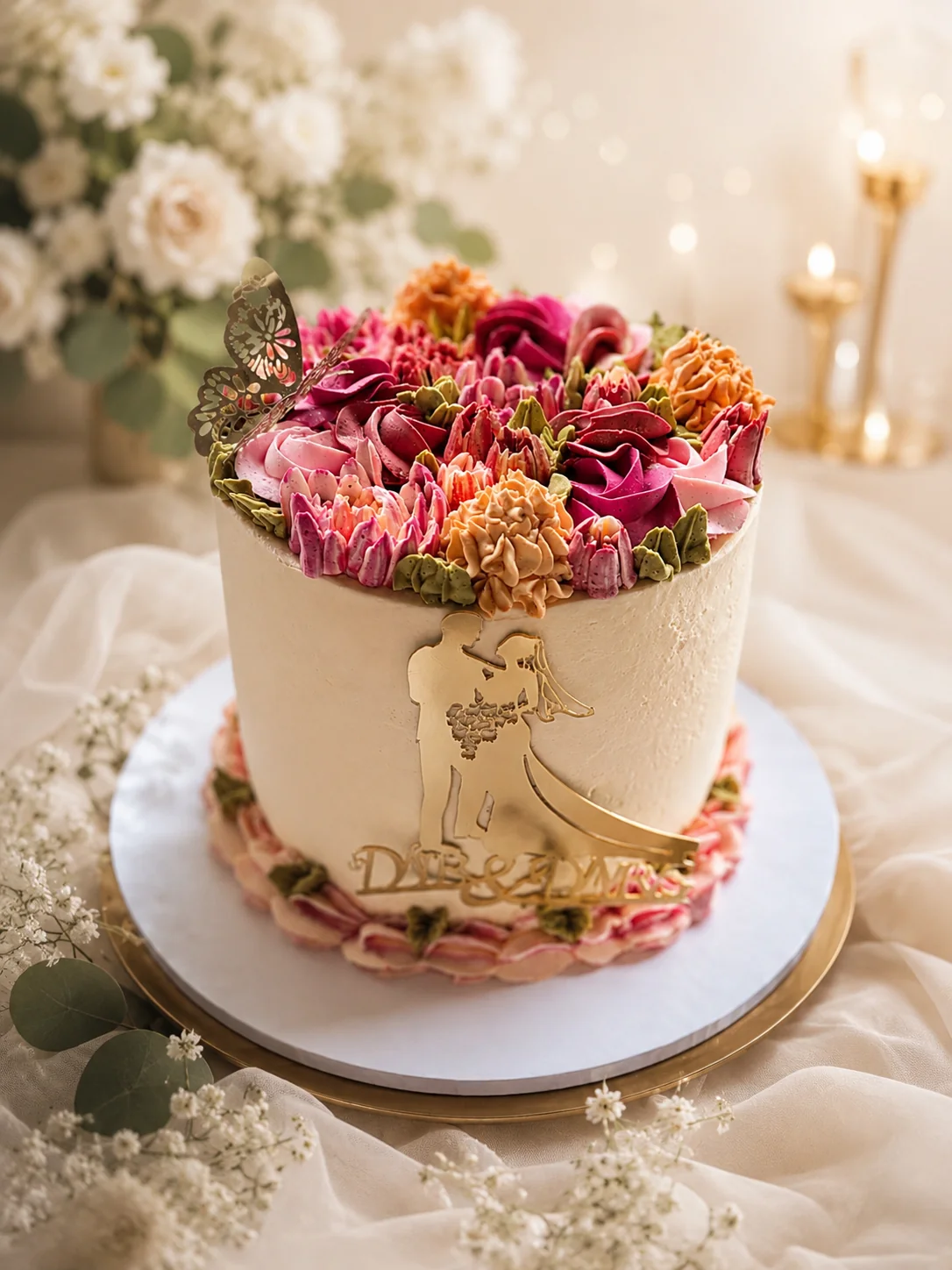Gâteau floral élégant silhouette dorée