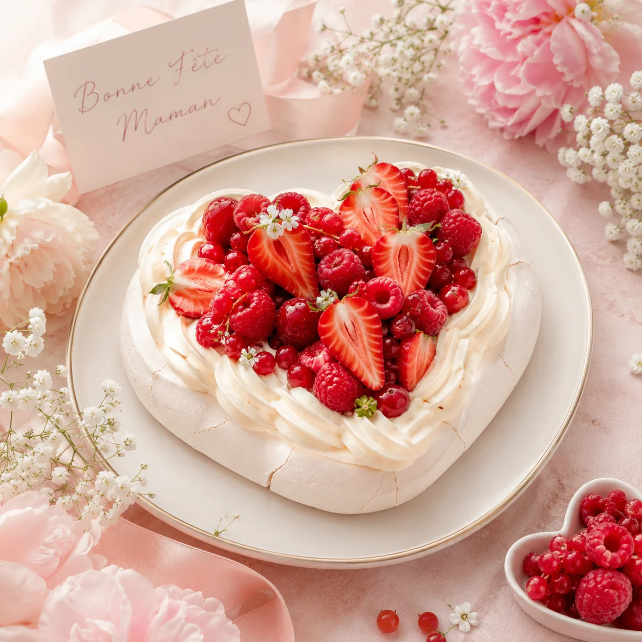 Pavlova cœur fruits rouges Fête des Mères
