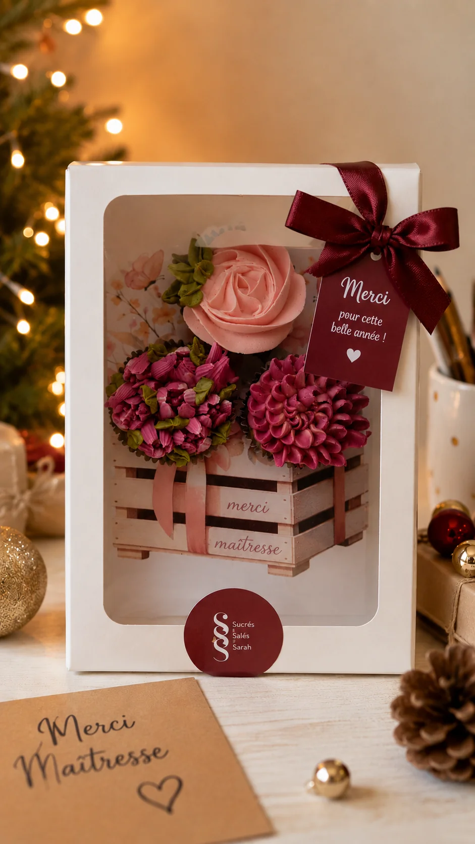 Box cupcakes Merci Maîtresse ruban bordeaux